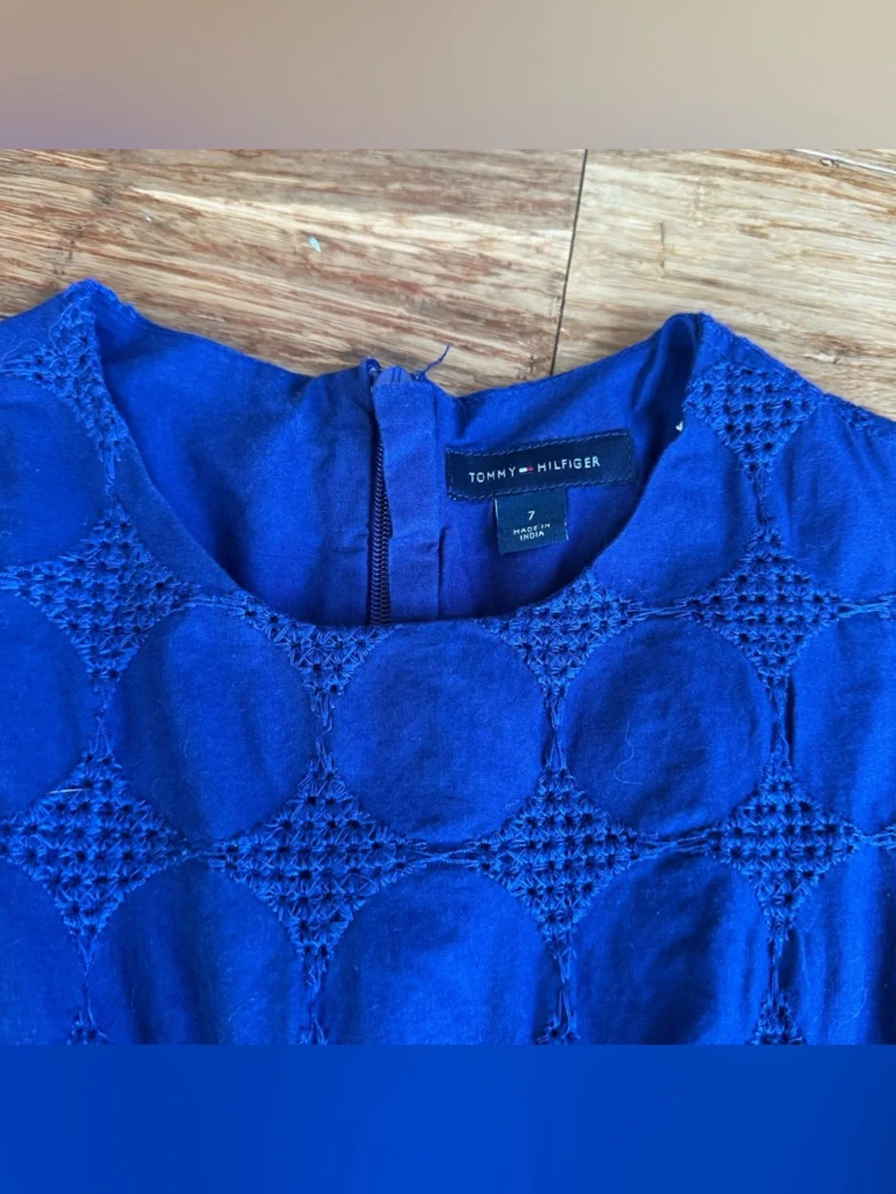 TOMMY HILFIGER Girl 7 Royal Blue Old Money Eyelet Fit-and-Flare Sleeveless Dress